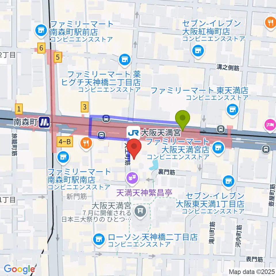 南森町シカゴロックの最寄駅大阪天満宮駅からの徒歩ルート（約2分）地図