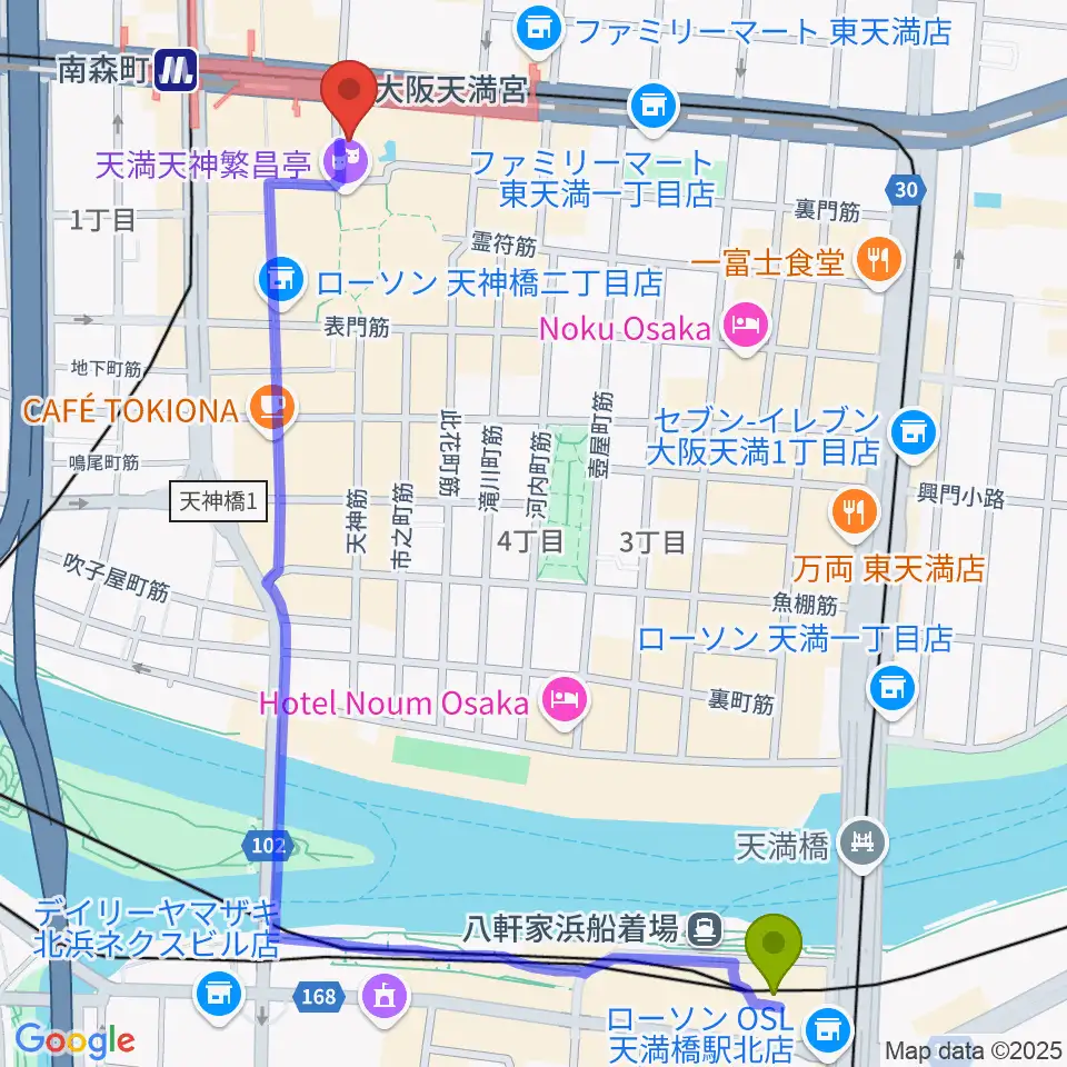 天満橋駅から南森町シカゴロックへのルートマップ地図