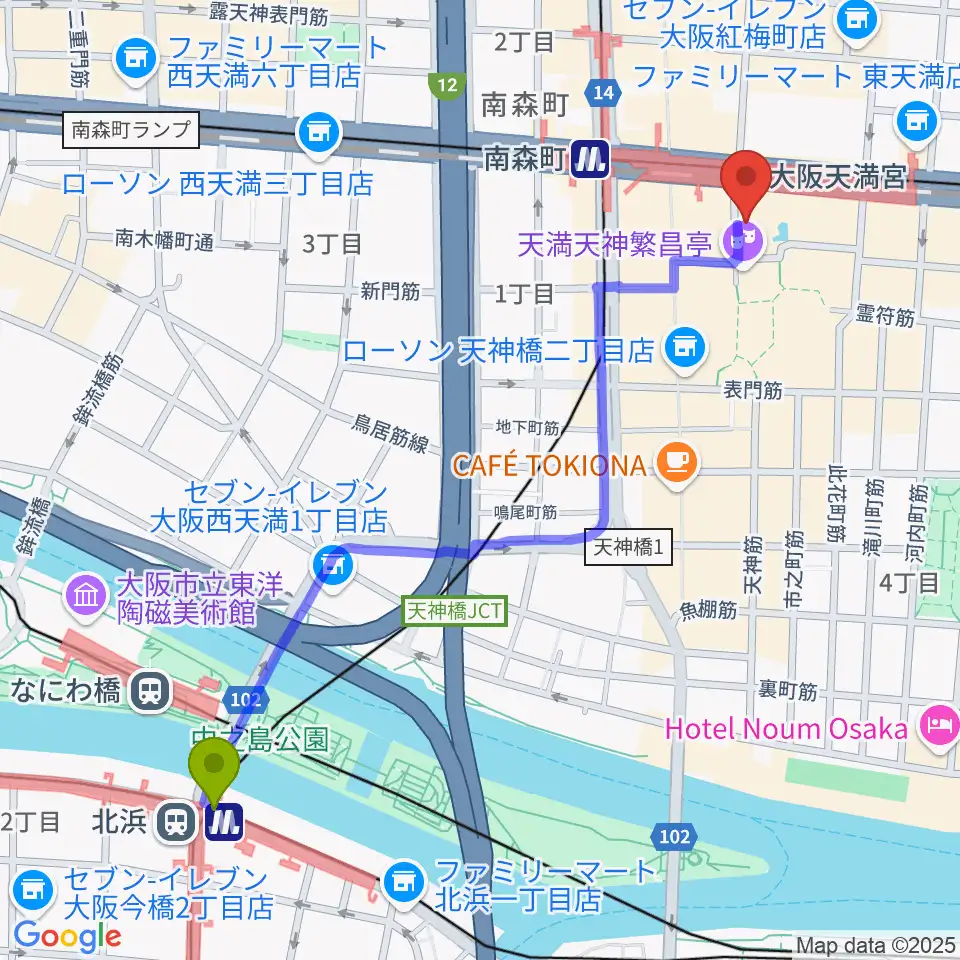 北浜駅から南森町シカゴロックへのルートマップ地図