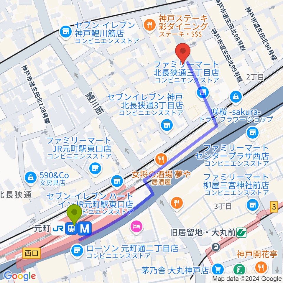 元町駅からMOKUBA'S TAVERN 木馬へのルートマップ地図