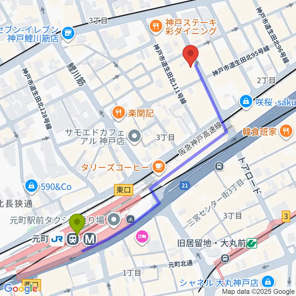 元町駅からMOKUBA'S TAVERN 木馬へのルートマップ地図