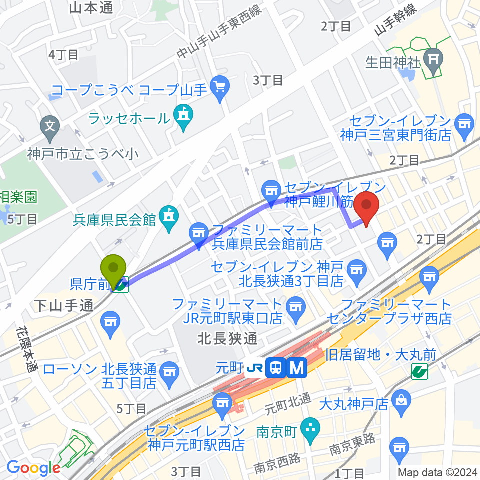 県庁前駅から神戸MOKUBA'S TAVERN（木馬）へのルートマップ地図