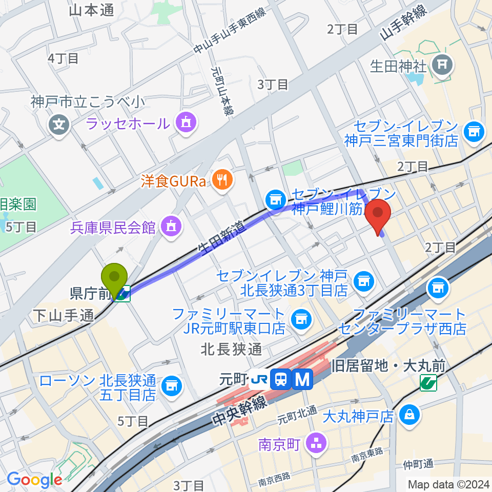 県庁前駅からMOKUBA'S TAVERN 木馬へのルートマップ地図