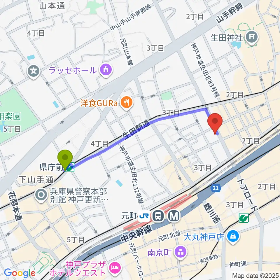 県庁前駅からMOKUBA'S TAVERN 木馬へのルートマップ地図