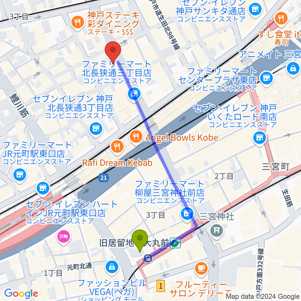 MOKUBA'S TAVERN 木馬の最寄駅旧居留地・大丸前駅からの徒歩ルート（約5分）地図