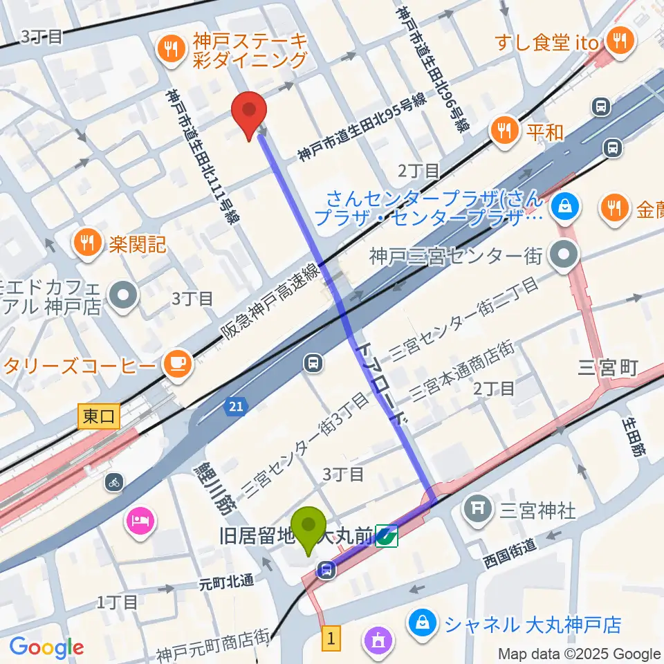 MOKUBA'S TAVERN 木馬の最寄駅旧居留地・大丸前駅からの徒歩ルート（約5分）地図