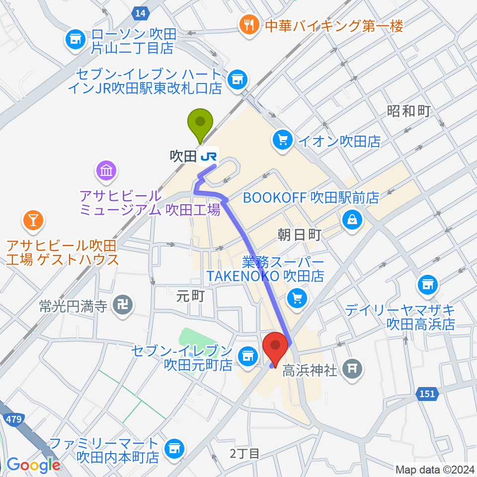 吹田TAKE FIVEの最寄駅吹田駅からの徒歩ルート（約8分）地図