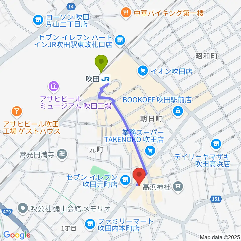 吹田TAKE FIVEの最寄駅吹田駅からの徒歩ルート（約8分）地図