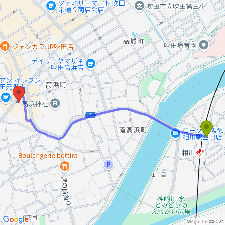 相川駅から吹田TAKE FIVEへのルートマップ地図