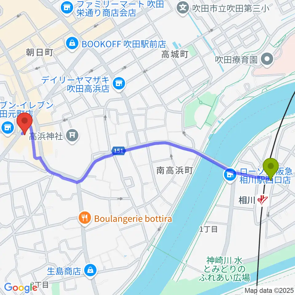 相川駅から吹田TAKE FIVEへのルートマップ地図