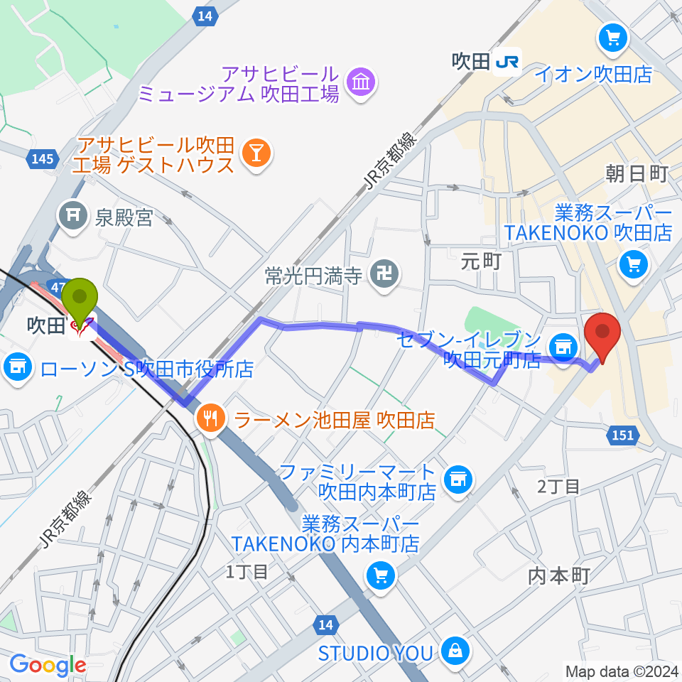 吹田駅から吹田TAKE FIVEへのルートマップ地図