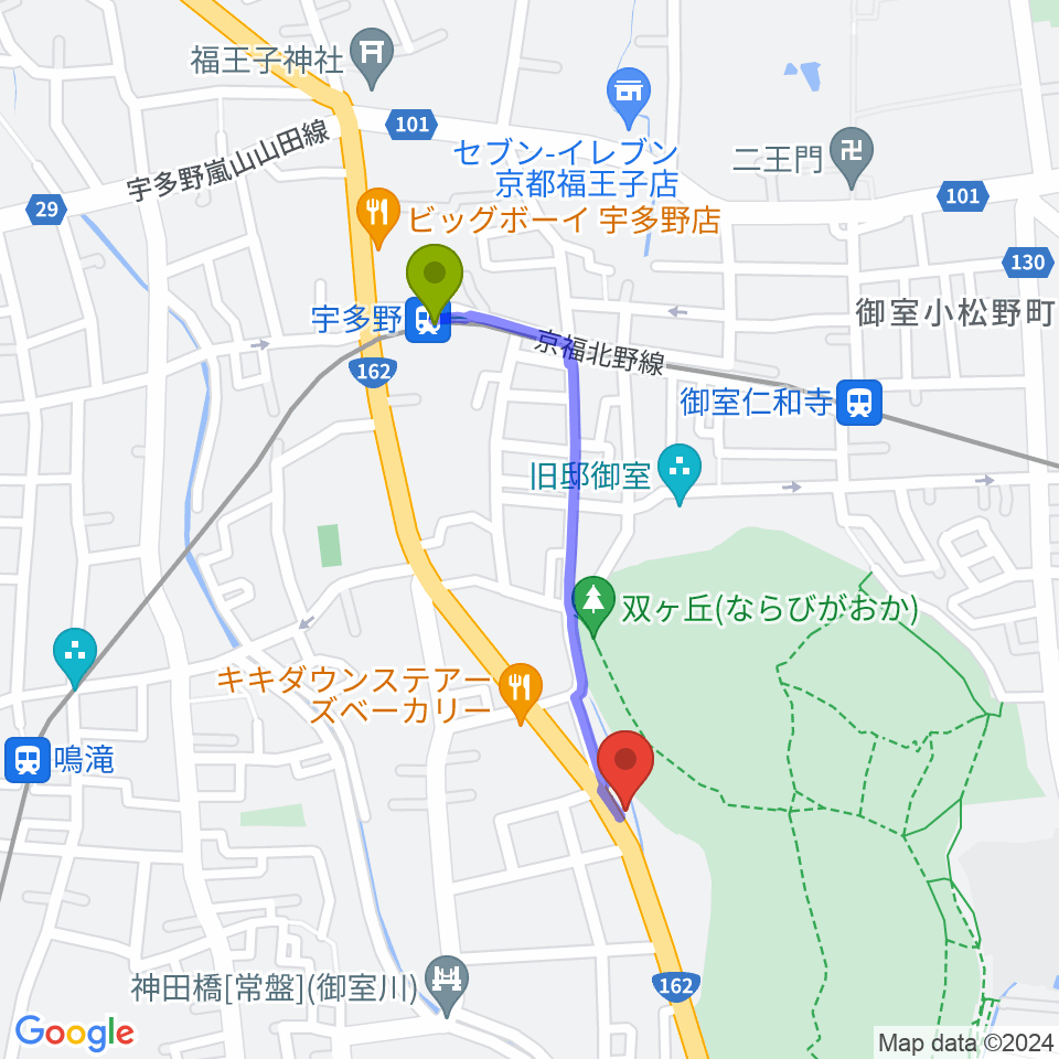宇多野駅から京都SOENへのルートマップ地図