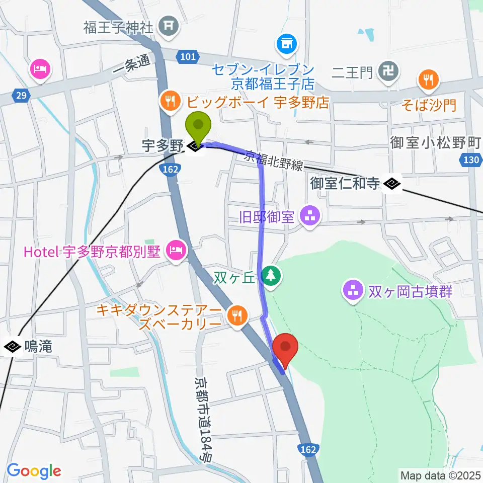 宇多野駅から京都SOENへのルートマップ地図