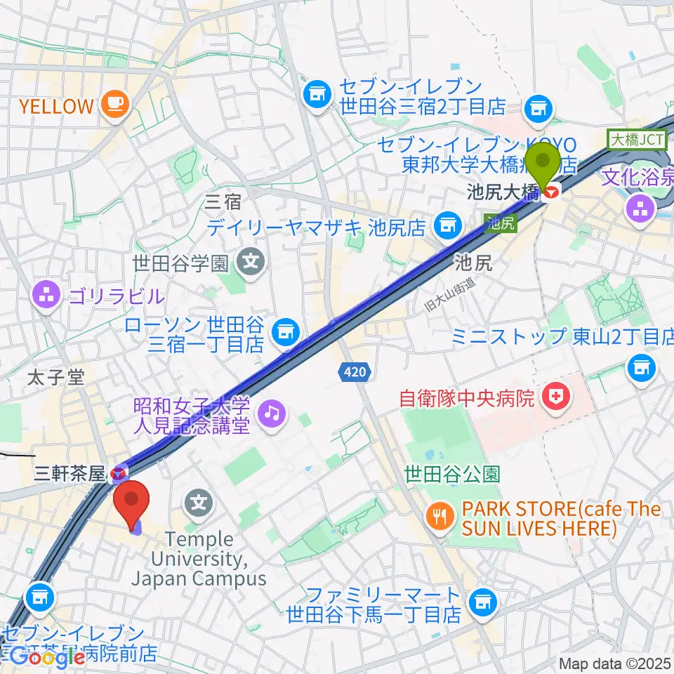 池尻大橋駅からキボリスタジオへのルートマップ地図