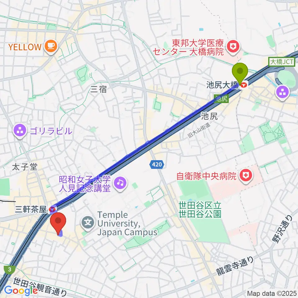 池尻大橋駅からキボリスタジオへのルートマップ地図