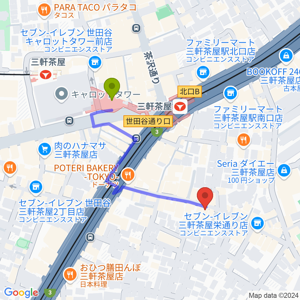 キボリスタジオの最寄駅三軒茶屋駅からの徒歩ルート（約4分）地図