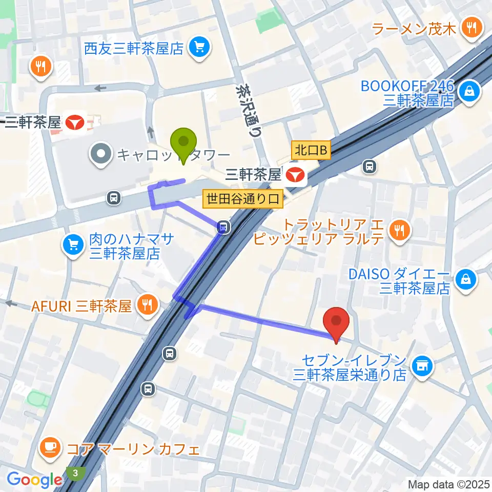 キボリスタジオの最寄駅三軒茶屋駅からの徒歩ルート（約4分）地図