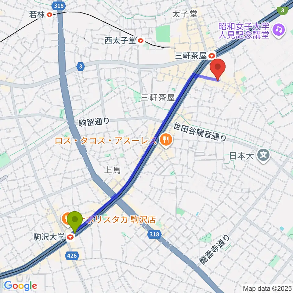 駒沢大学駅からキボリスタジオへのルートマップ地図
