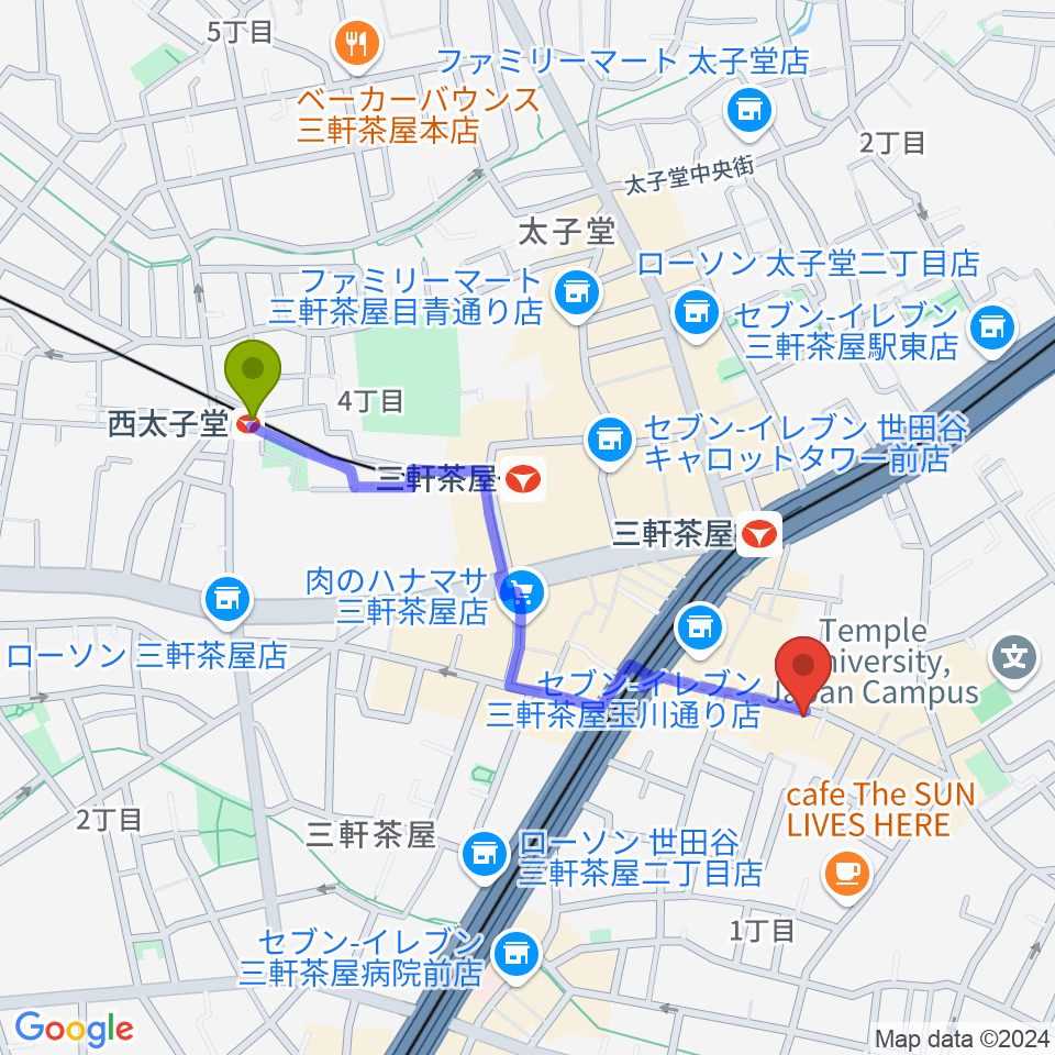 西太子堂駅からキボリスタジオへのルートマップ地図