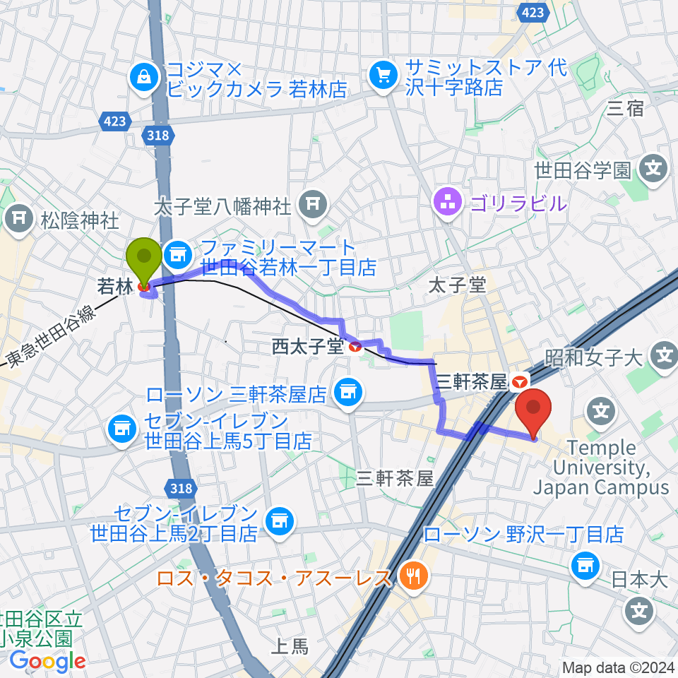 若林駅からキボリスタジオへのルートマップ地図