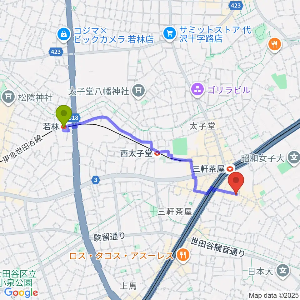 若林駅からキボリスタジオへのルートマップ地図