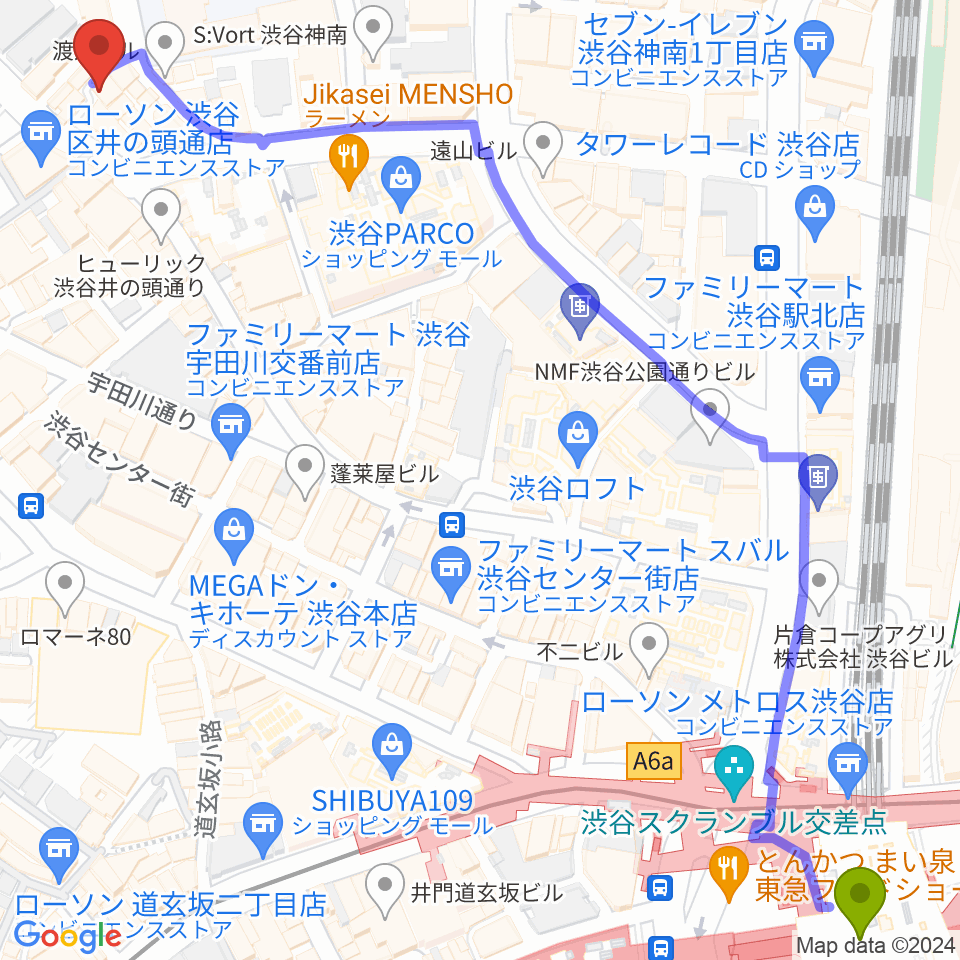喫茶SMiLEの最寄駅渋谷駅からの徒歩ルート（約9分）地図