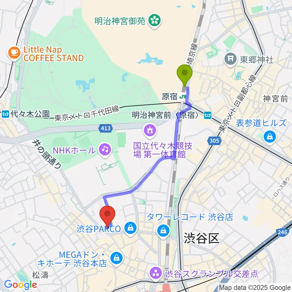 原宿駅から喫茶SMiLEへのルートマップ地図
