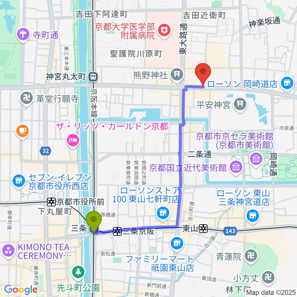 三条駅から京都ZAC BARANへのルートマップ地図