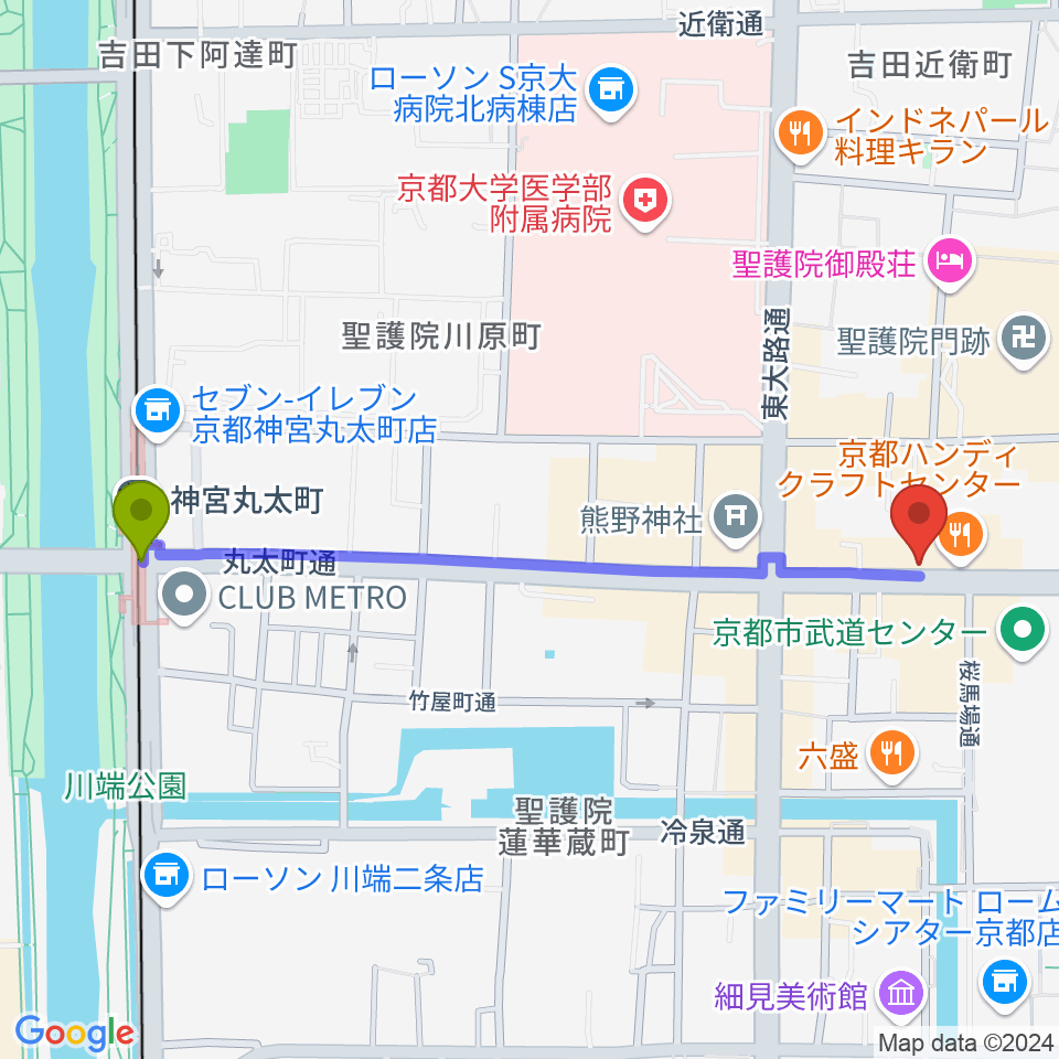 京都ZAC BARANの最寄駅神宮丸太町駅からの徒歩ルート（約12分）地図