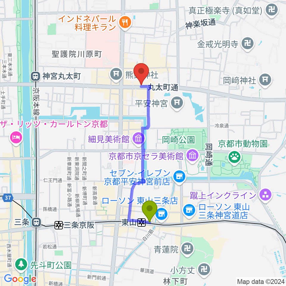 東山駅から京都ZAC BARANへのルートマップ地図