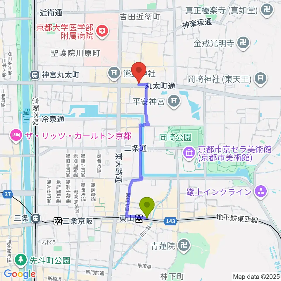 東山駅から京都ZAC BARANへのルートマップ地図