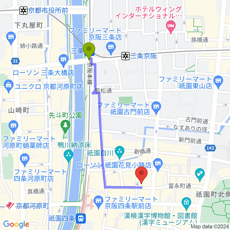三条駅から祇園pick upへのルートマップ地図