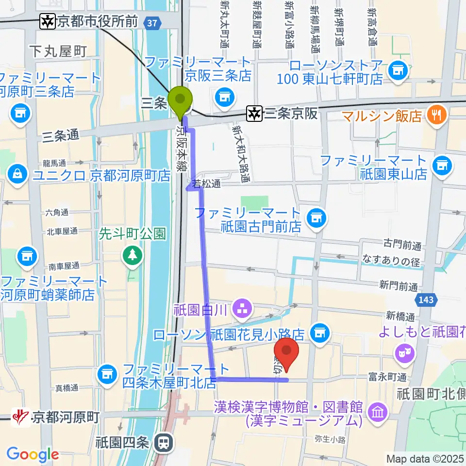 三条駅から祇園pick upへのルートマップ地図