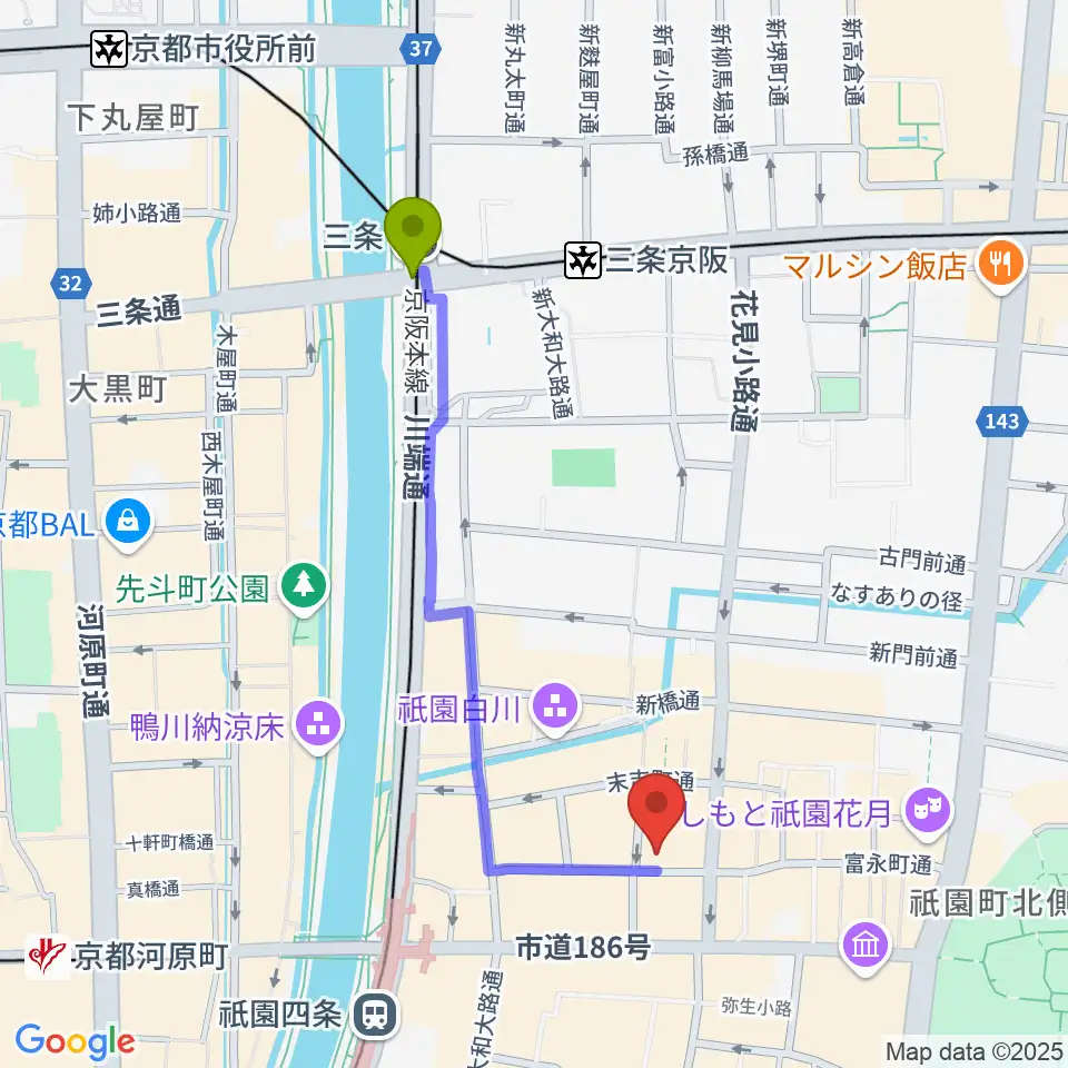 三条駅から祇園pick upへのルートマップ地図