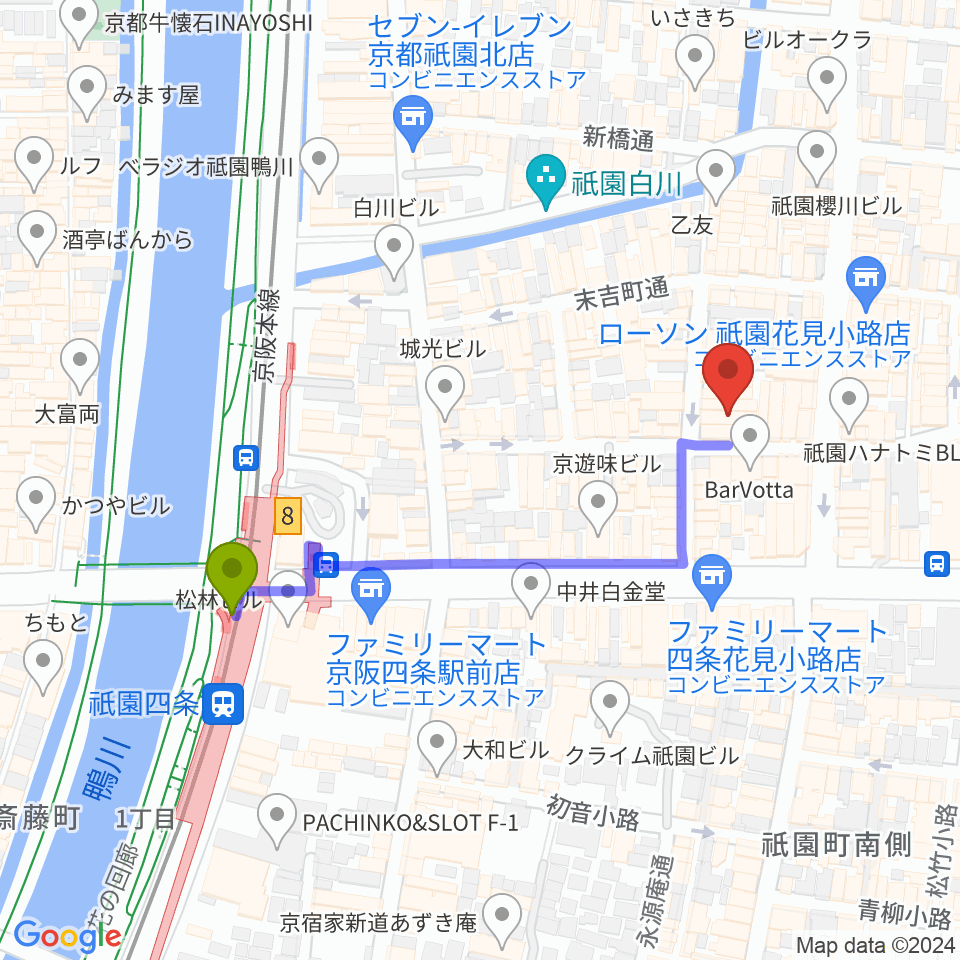 祇園pick upの最寄駅祇園四条駅からの徒歩ルート（約4分）地図