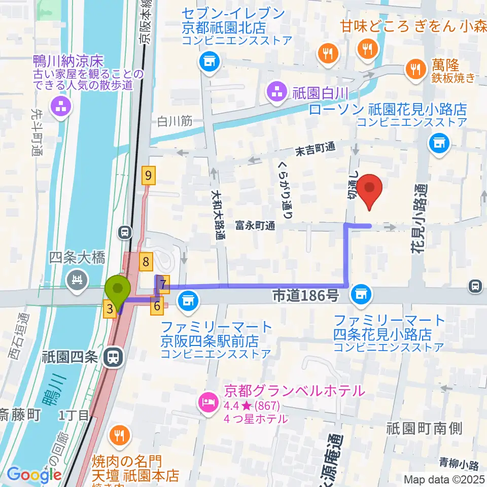 祇園pick upの最寄駅祇園四条駅からの徒歩ルート（約4分）地図