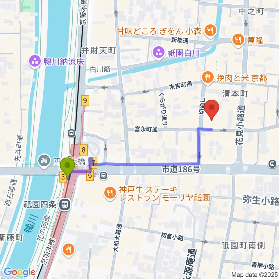 祇園pick upの最寄駅祇園四条駅からの徒歩ルート（約4分）地図