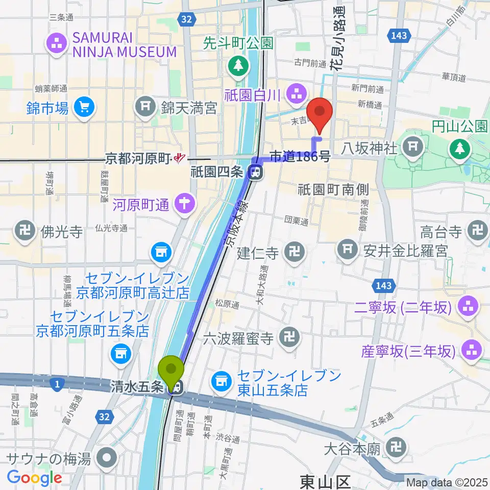 清水五条駅から祇園pick upへのルートマップ地図