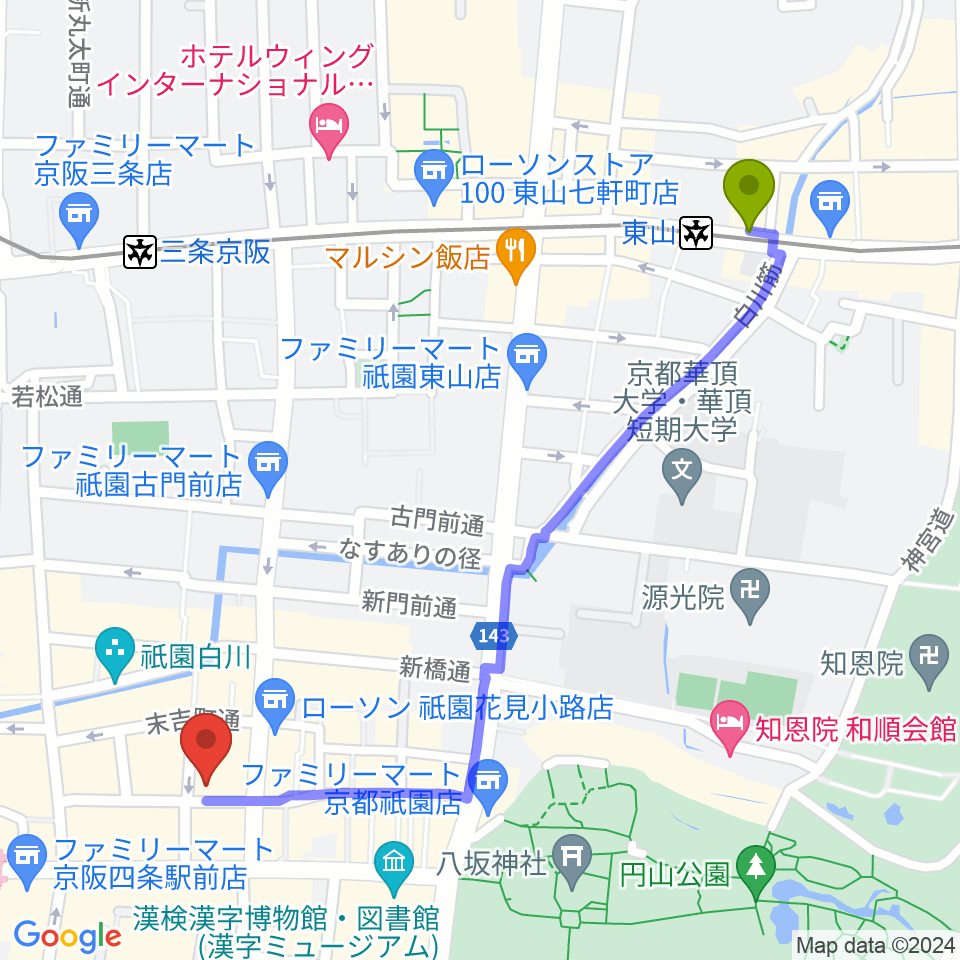 東山駅から祇園pick upへのルートマップ地図