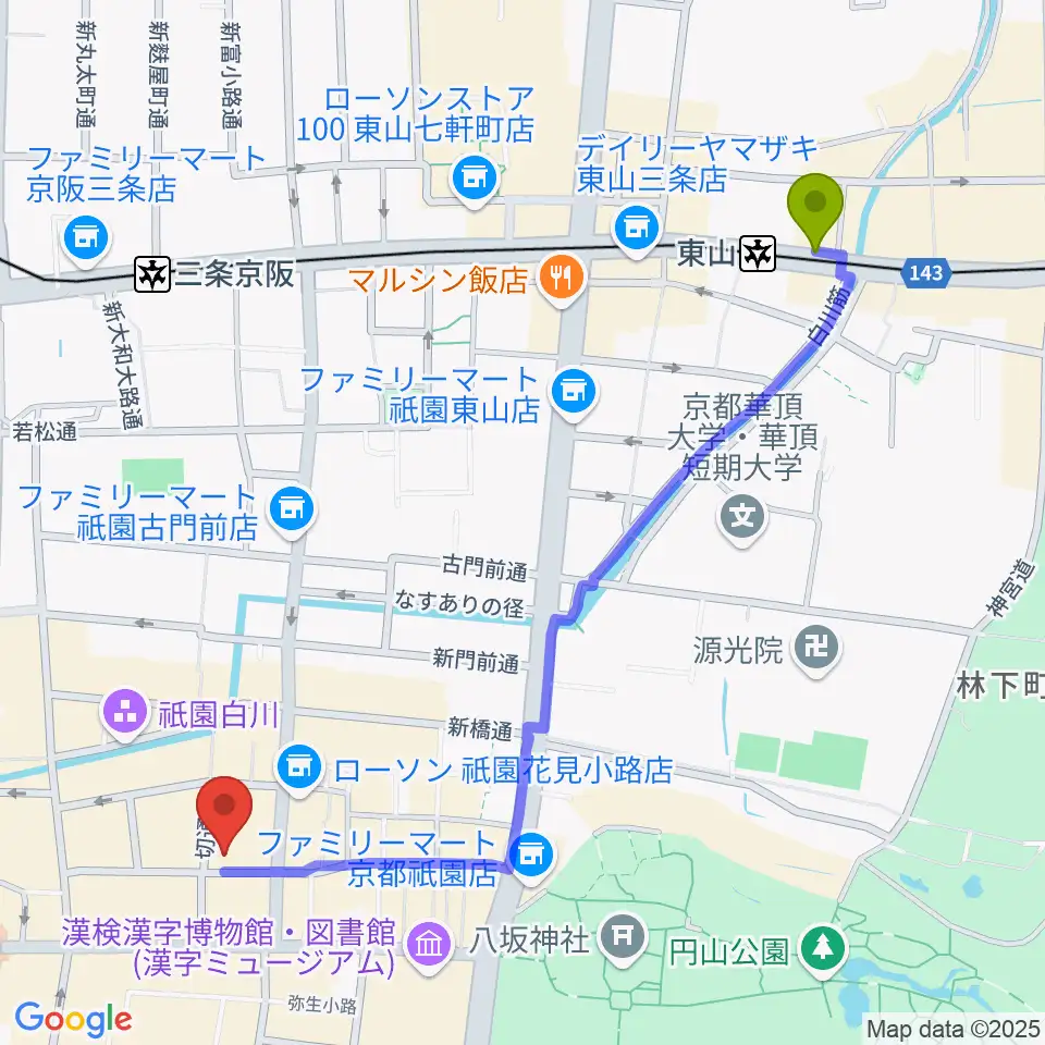 東山駅から祇園pick upへのルートマップ地図