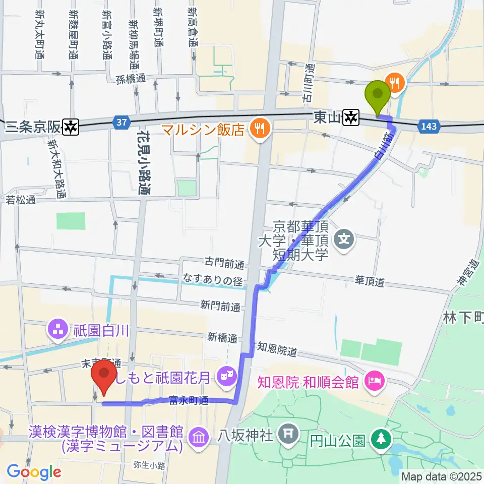 東山駅から祇園pick upへのルートマップ地図