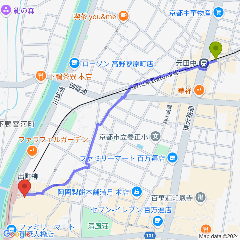 元田中駅から出町柳ラッシュライフへのルートマップ地図