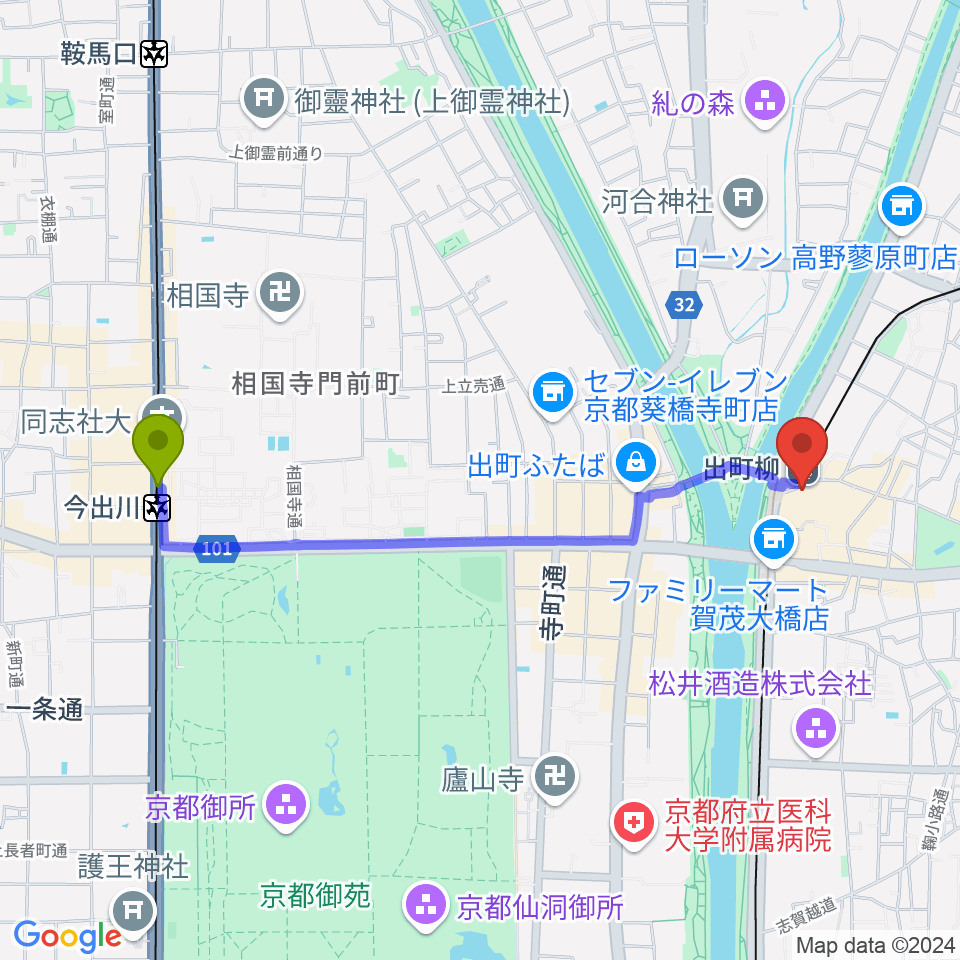 今出川駅から出町柳ラッシュライフへのルートマップ地図