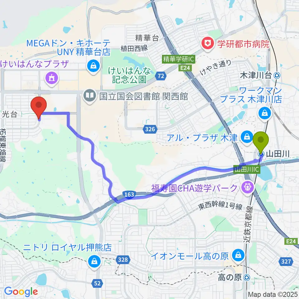 山田川駅から那達幕 ナーダムへのルートマップ地図