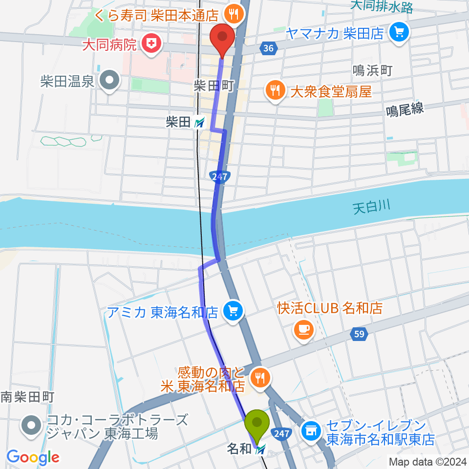 名和駅から柴田アヒル @-hillへのルートマップ地図