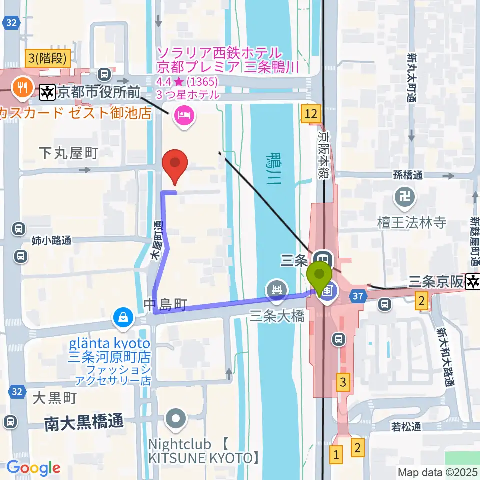 木屋町モダンタイムスの最寄駅三条駅からの徒歩ルート（約3分）地図