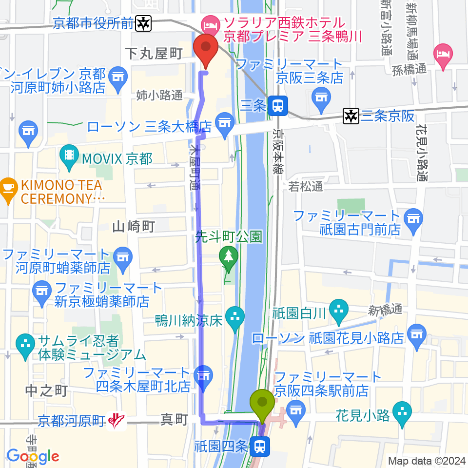 祇園四条駅から木屋町モダンタイムスへのルートマップ地図