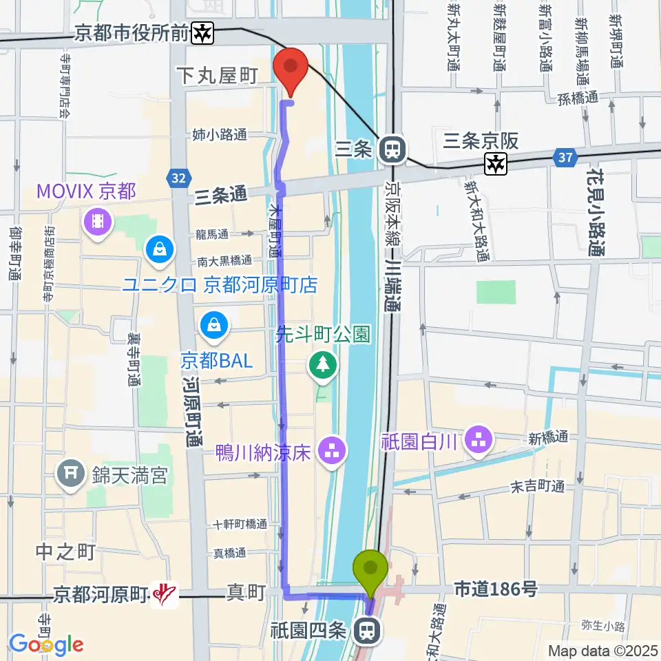 祇園四条駅から木屋町モダンタイムスへのルートマップ地図