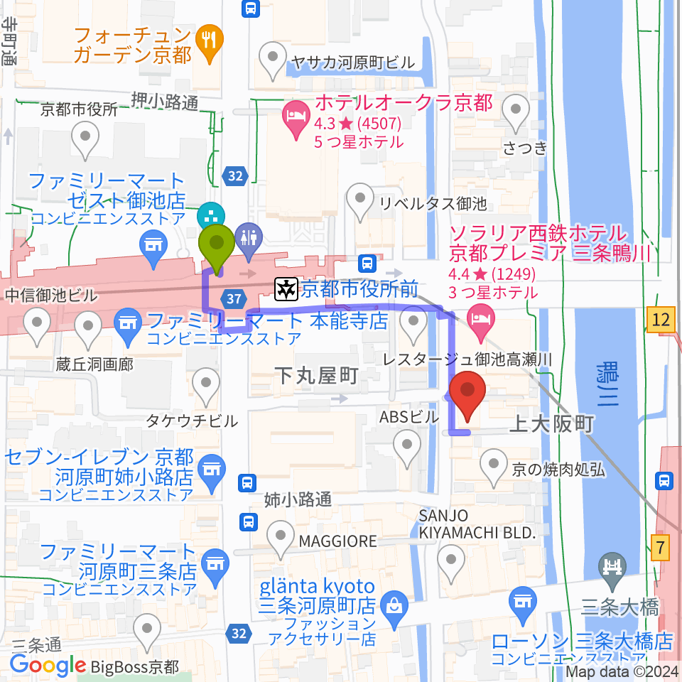 京都市役所前駅から木屋町モダンタイムスへのルートマップ地図