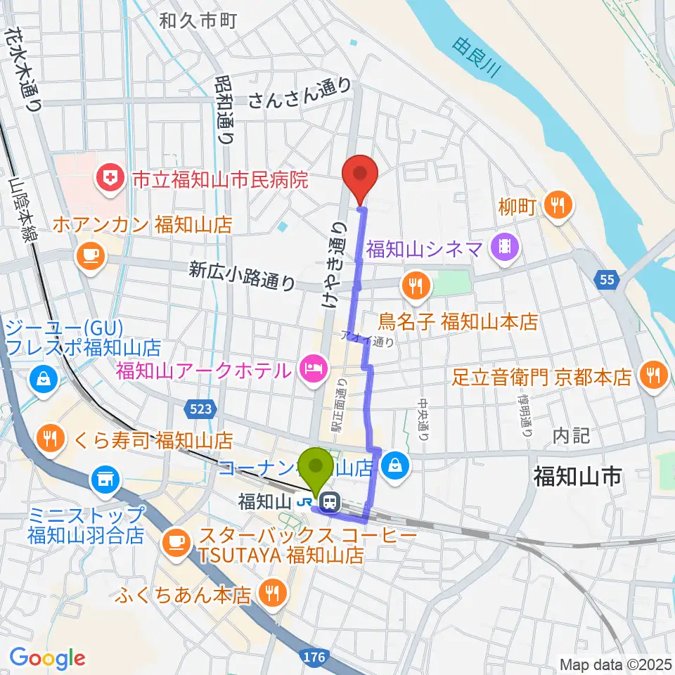 福知山STUDIO FARMの最寄駅福知山駅からの徒歩ルート（約14分）地図